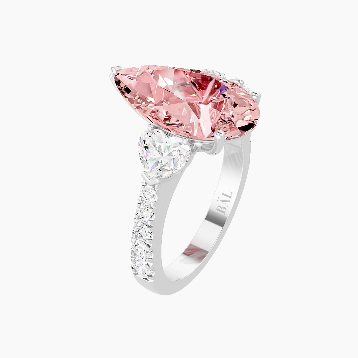 Classic Heart Trilogy with Reverse Shank | 18k White Gold 5 ct Pear Pink Lab Diamond Ring