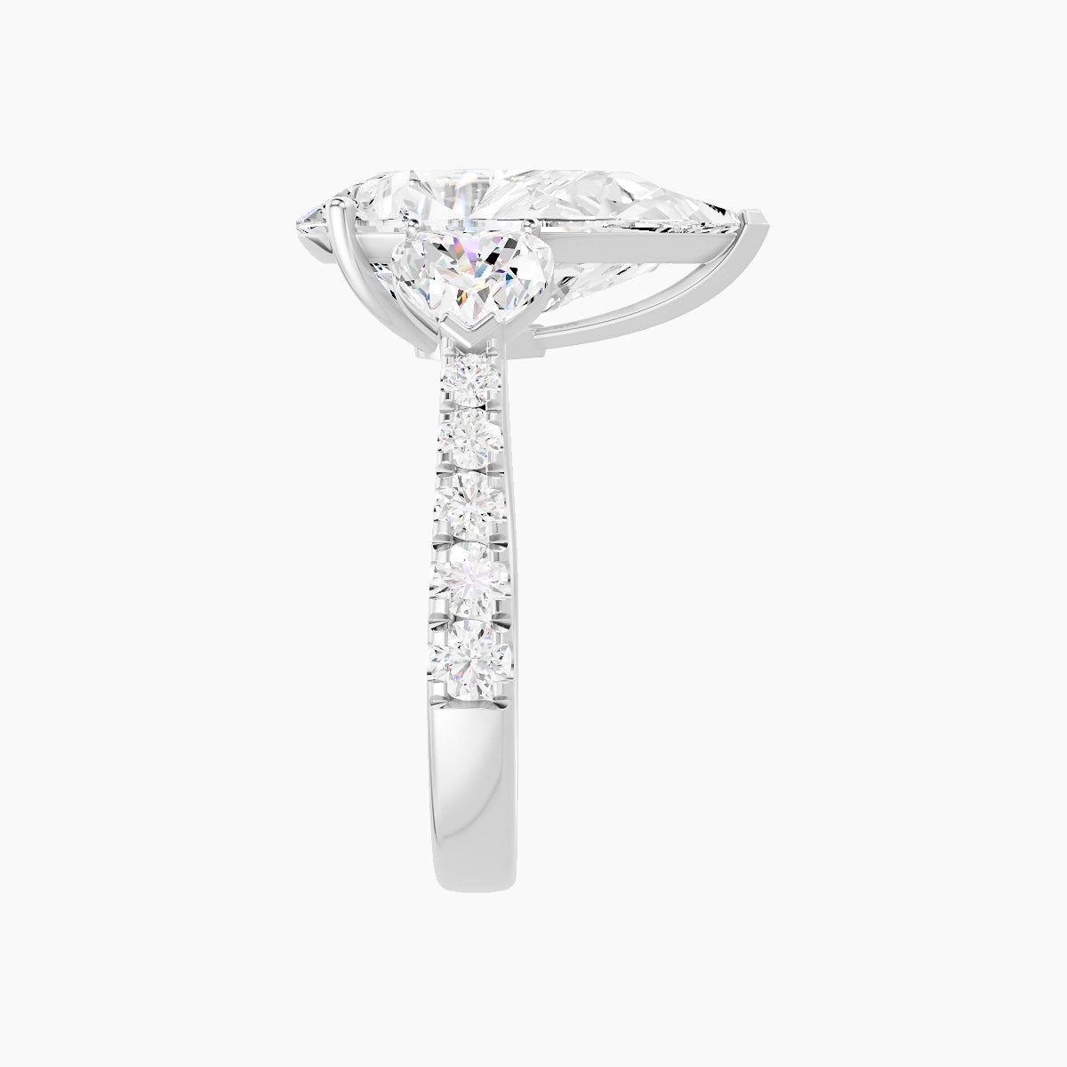 Classic Heart Trilogy with Reverse Shank | 18k White Gold 5 ct Pear White Lab Diamond Ring