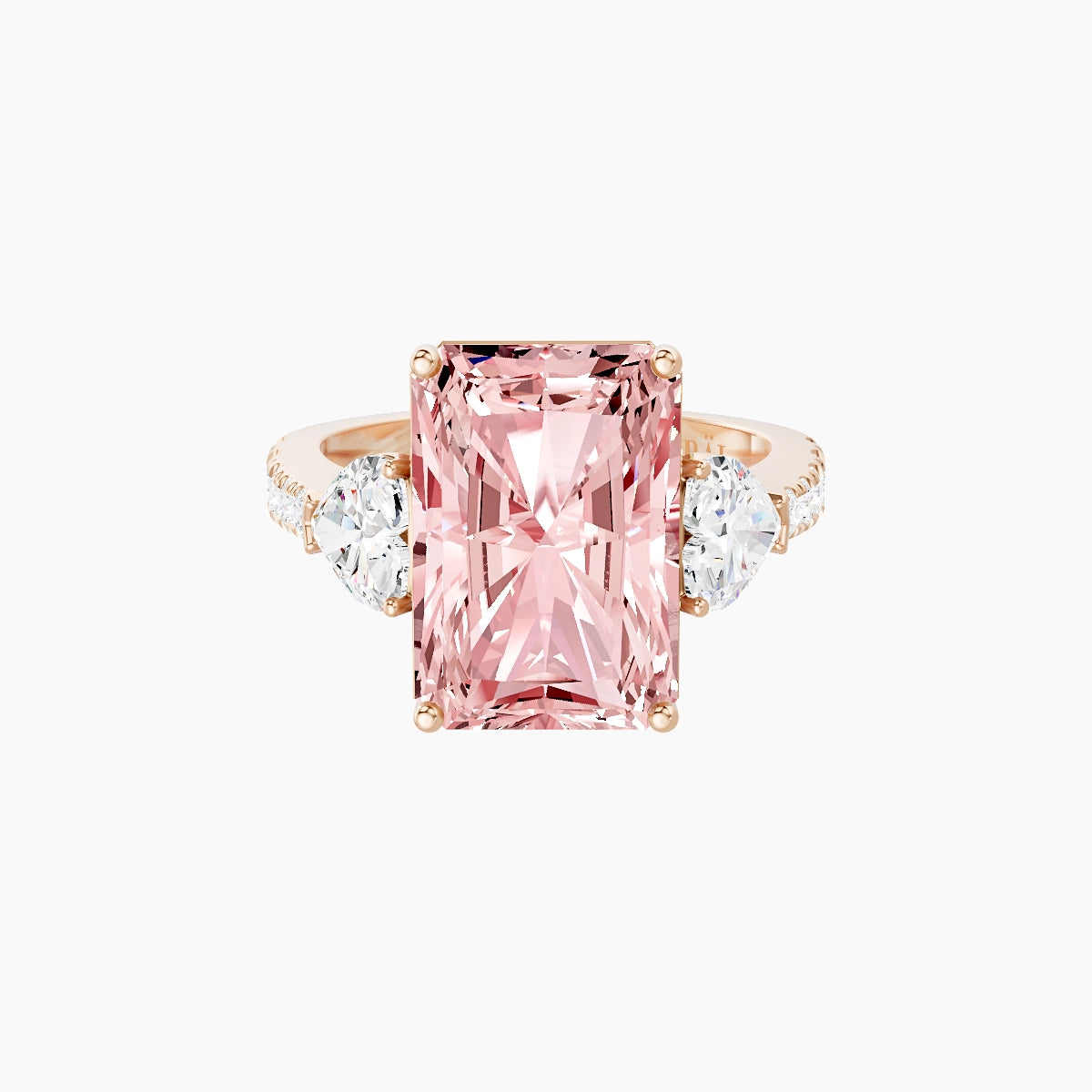 Classic Heart Trilogy with Reverse Shank | 18k Rose Gold 5 ct Radiant Pink Lab Diamond Ring