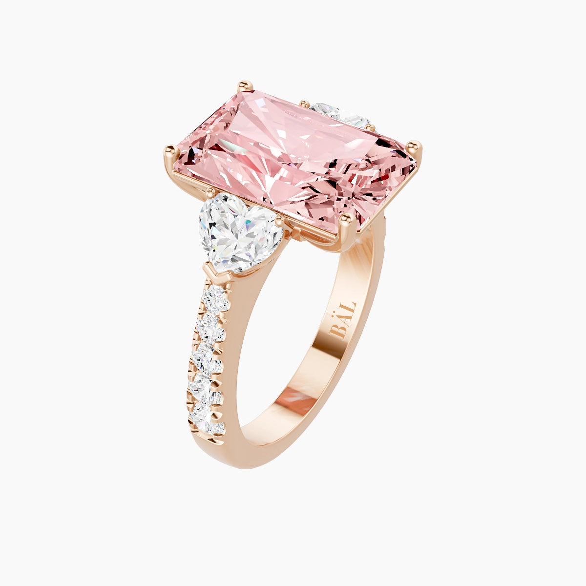 Classic Heart Trilogy with Reverse Shank | 18k Rose Gold 5 ct Radiant Pink Lab Diamond Ring