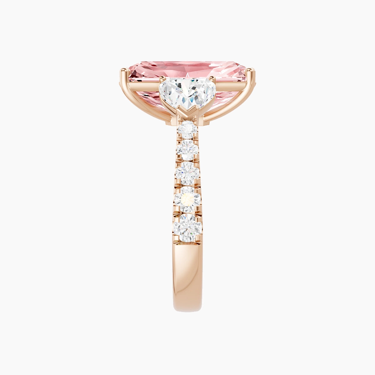 Classic Heart Trilogy with Reverse Shank | 18k Rose Gold 5 ct Radiant Pink Lab Diamond Ring
