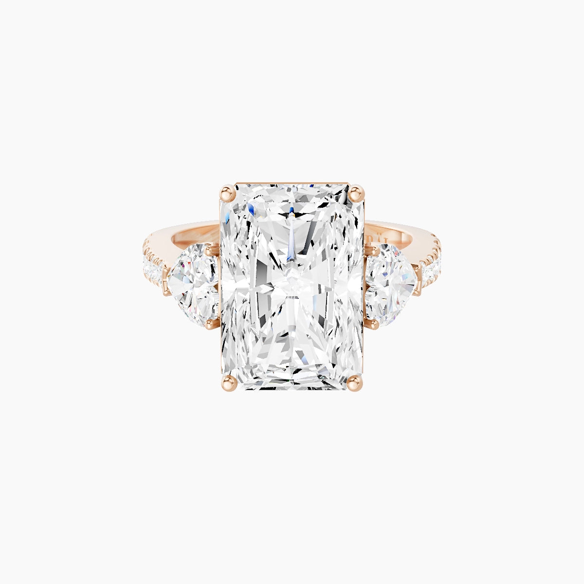 Classic Heart Trilogy with Reverse Shank | 18k Rose Gold 5 ct Radiant White Lab Diamond Ring