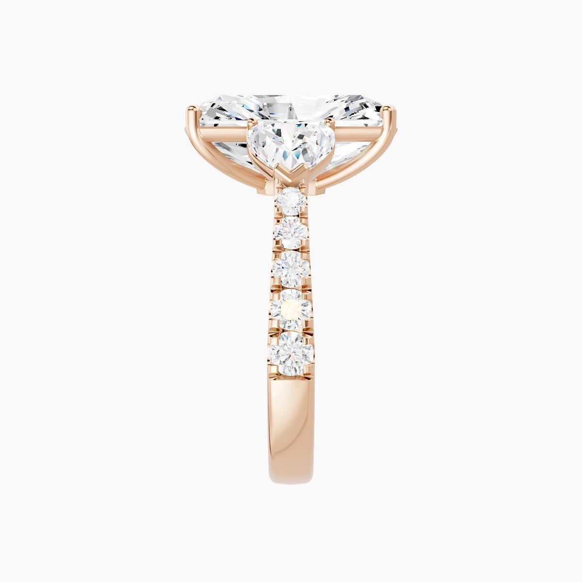 Classic Heart Trilogy with Reverse Shank | 18k Rose Gold 5 ct Radiant White Lab Diamond Ring