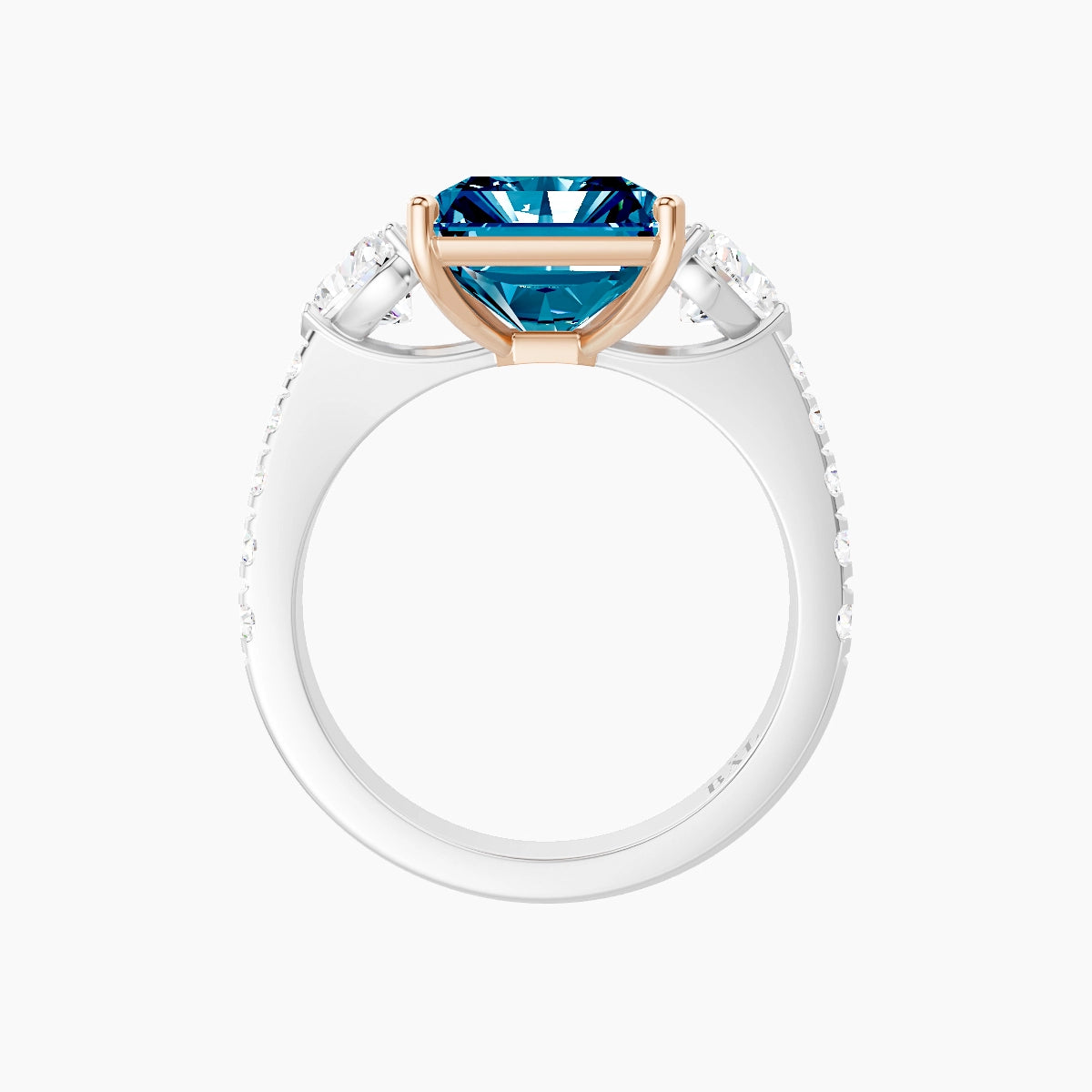 Classic Heart Trilogy with Reverse Shank | 18k White & Rose Gold 5 ct Radiant Blue Lab Diamond Ring