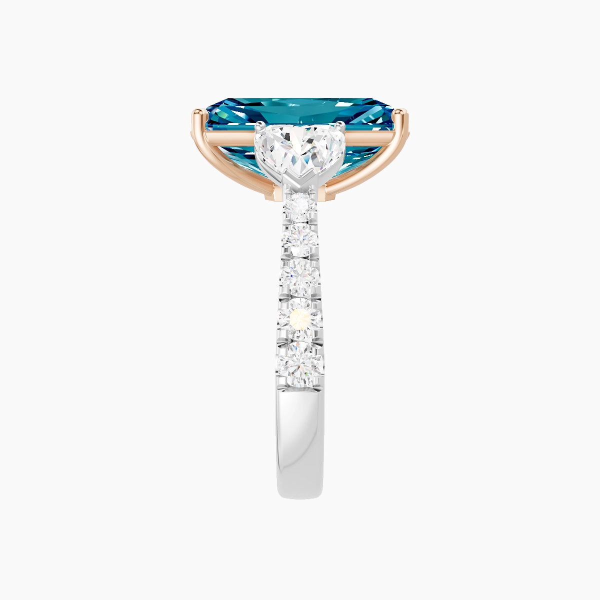 Classic Heart Trilogy with Reverse Shank | 18k White & Rose Gold 5 ct Radiant Blue Lab Diamond Ring