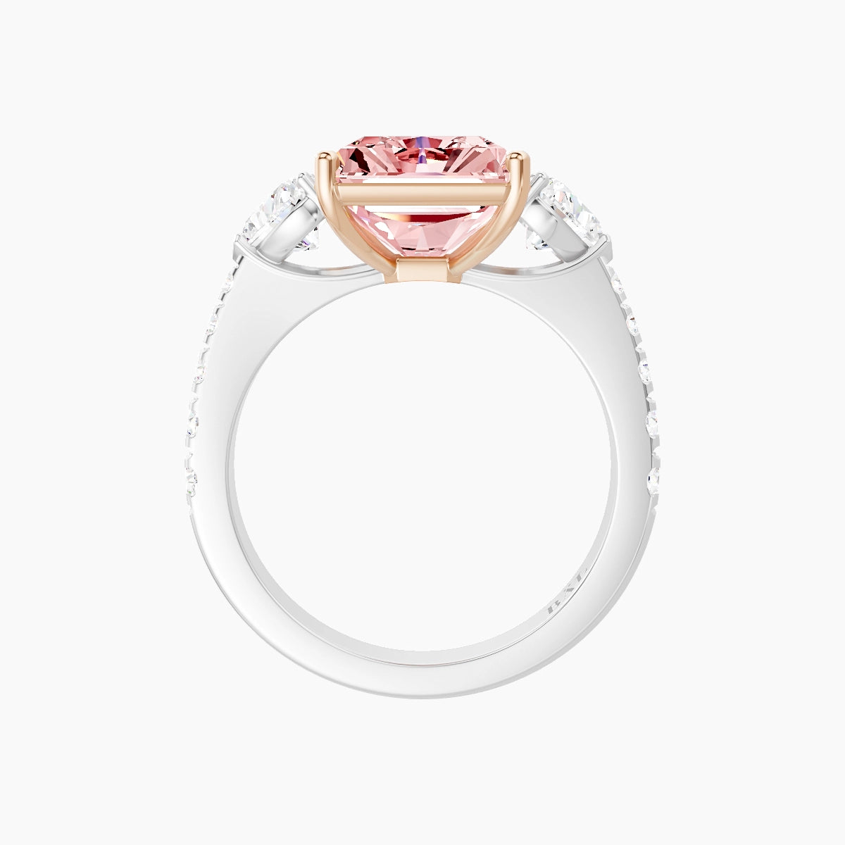 Classic Heart Trilogy with Reverse Shank | 18k White & Rose Gold 5 ct Radiant Pink Lab Diamond Ring