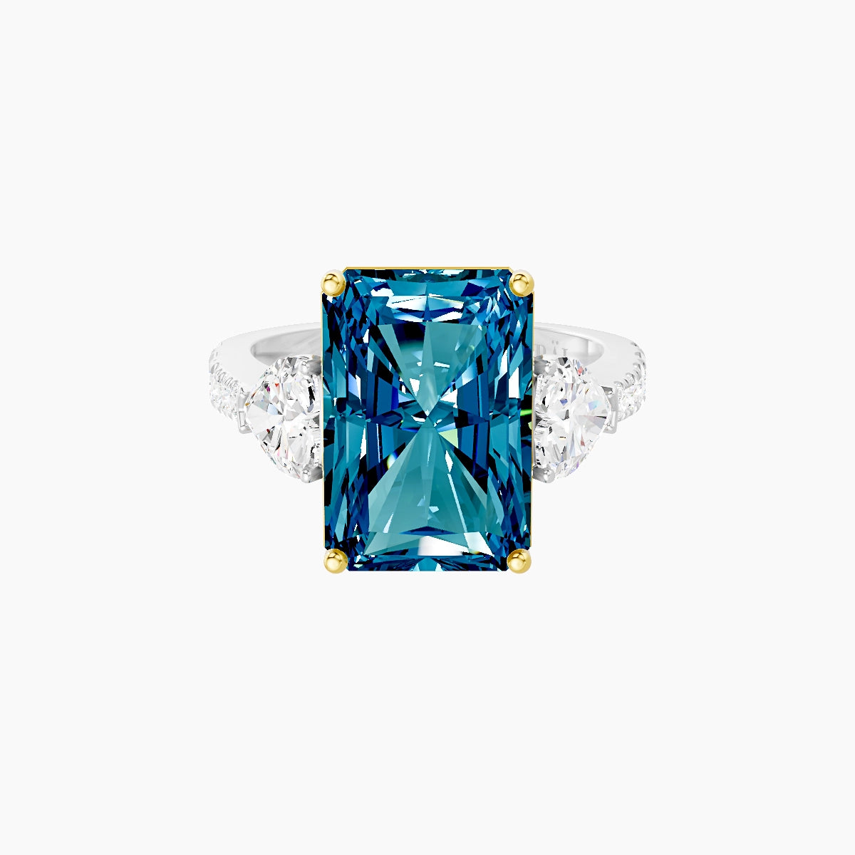 Classic Heart Trilogy with Reverse Shank | 18k White & Yellow Gold 5 ct Radiant Blue Lab Diamond Ring