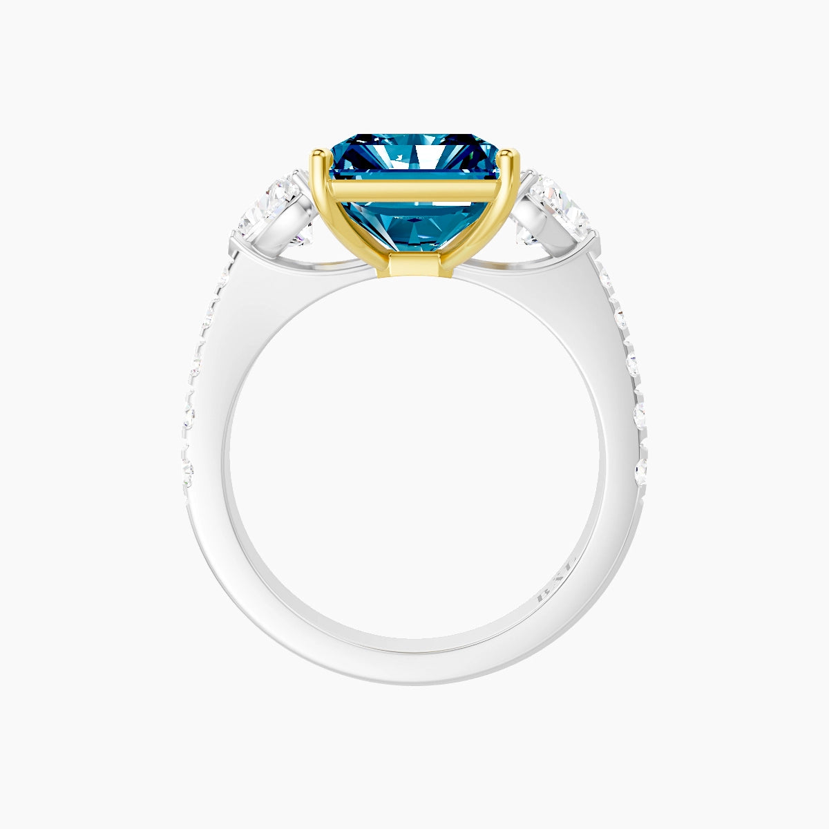 Classic Heart Trilogy with Reverse Shank | 18k White & Yellow Gold 5 ct Radiant Blue Lab Diamond Ring