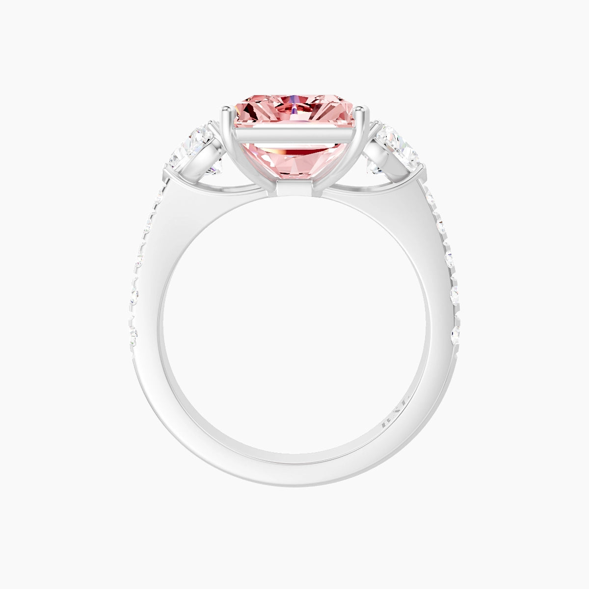 Classic Heart Trilogy with Reverse Shank | 18k White Gold 5 ct Radiant Pink Lab Diamond Ring