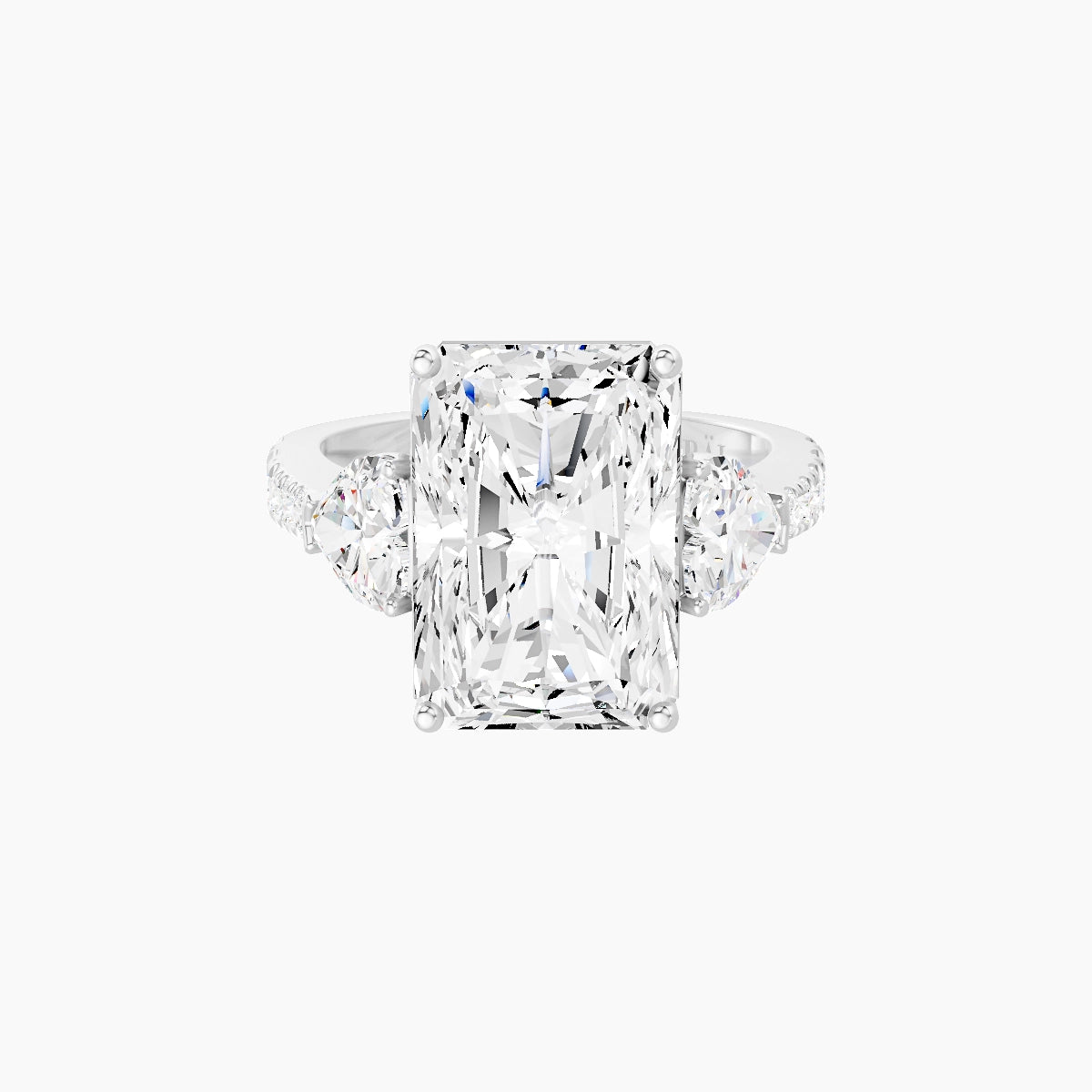 Classic Heart Trilogy with Reverse Shank | 18k White Gold 5 ct Radiant White Lab Diamond Ring