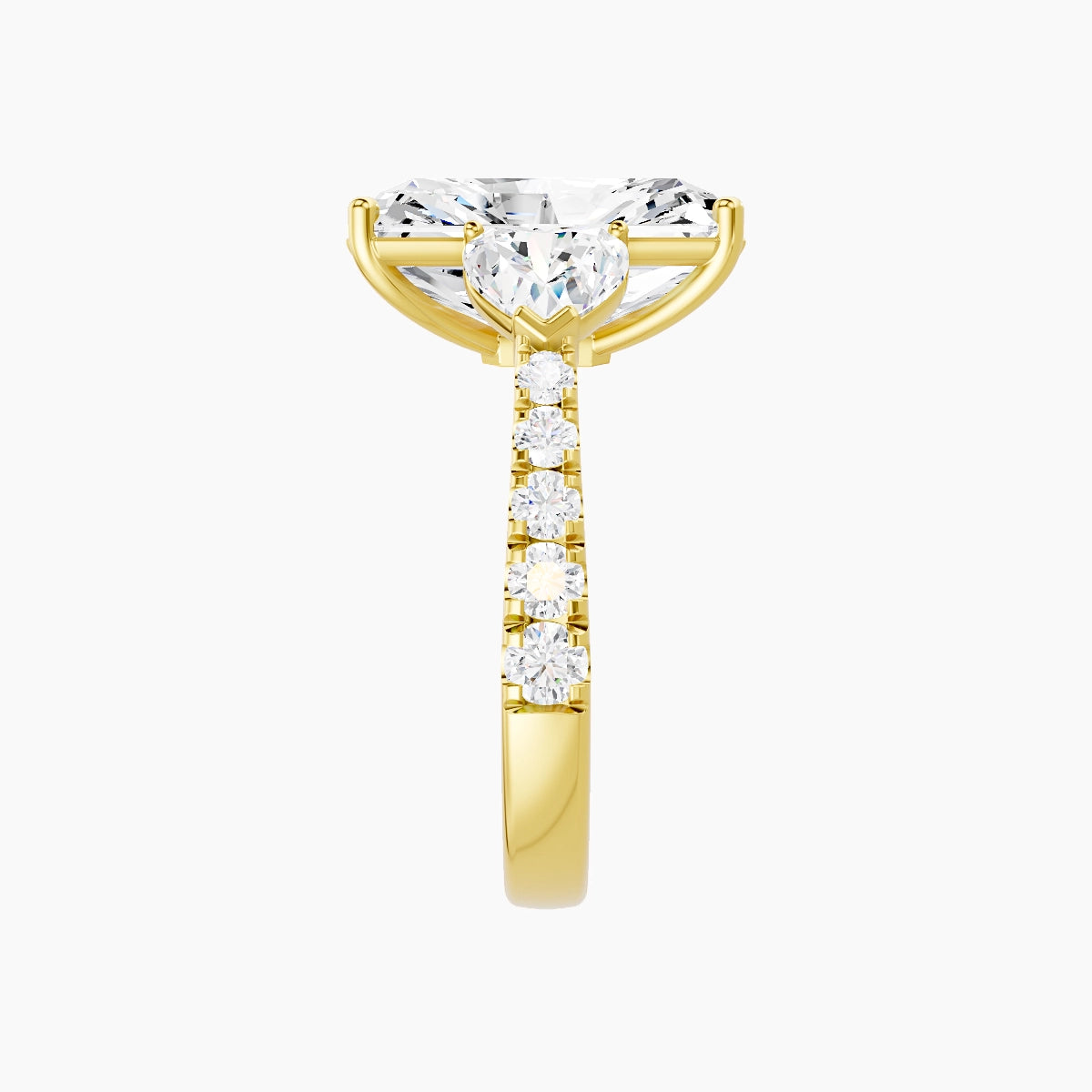 Classic Heart Trilogy with Reverse Shank | 18k Yellow Gold 5 ct Radiant White Lab Diamond Ring