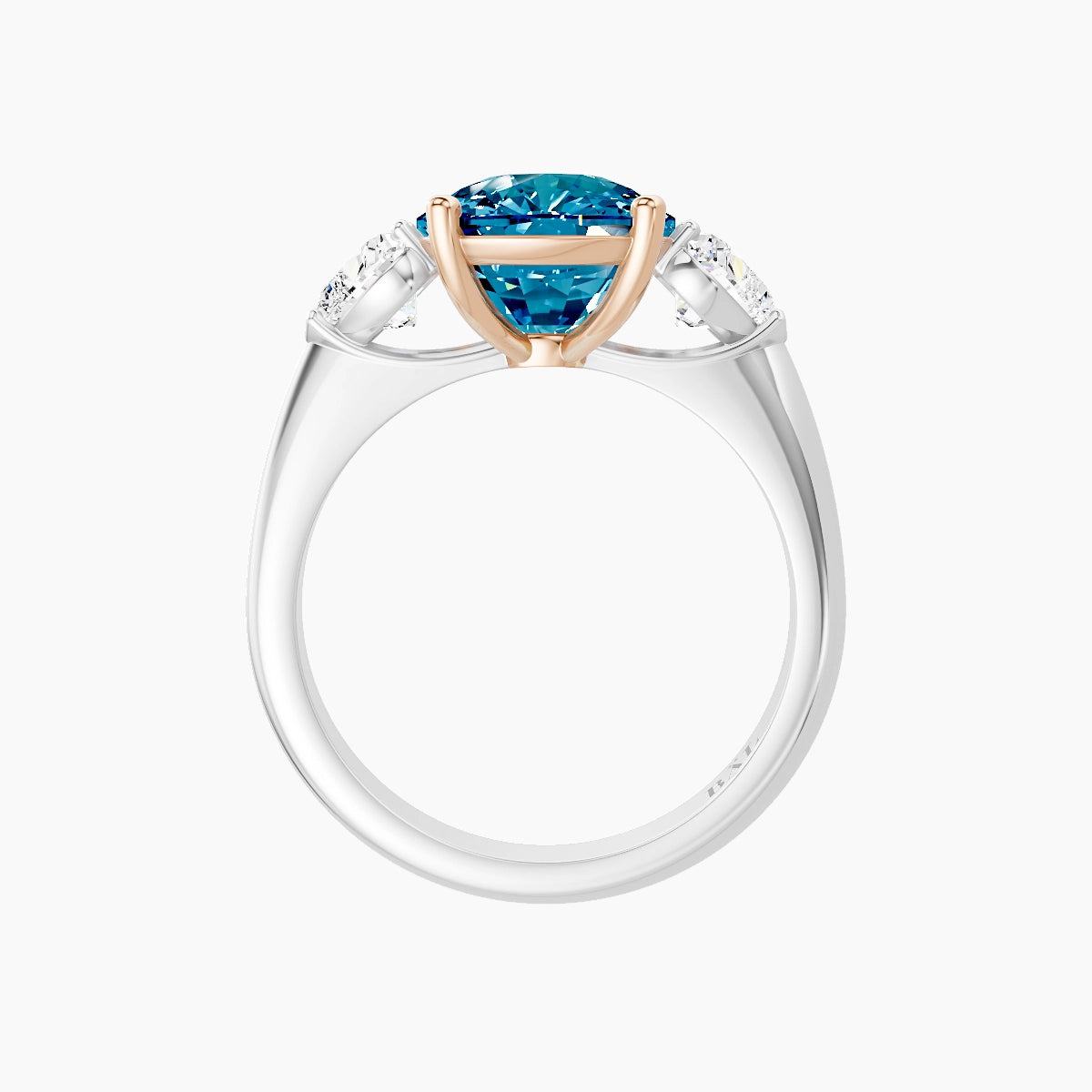 Classic Heart Trilogy | 18k White & Rose Gold 5 ct Cushion Blue Lab Diamond Ring