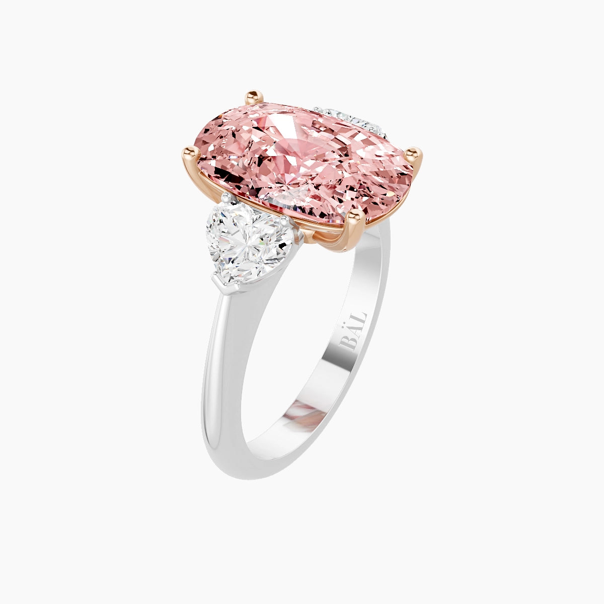 Classic Heart Trilogy | 18k White & Rose Gold 5 ct Cushion Pink Lab Diamond Ring