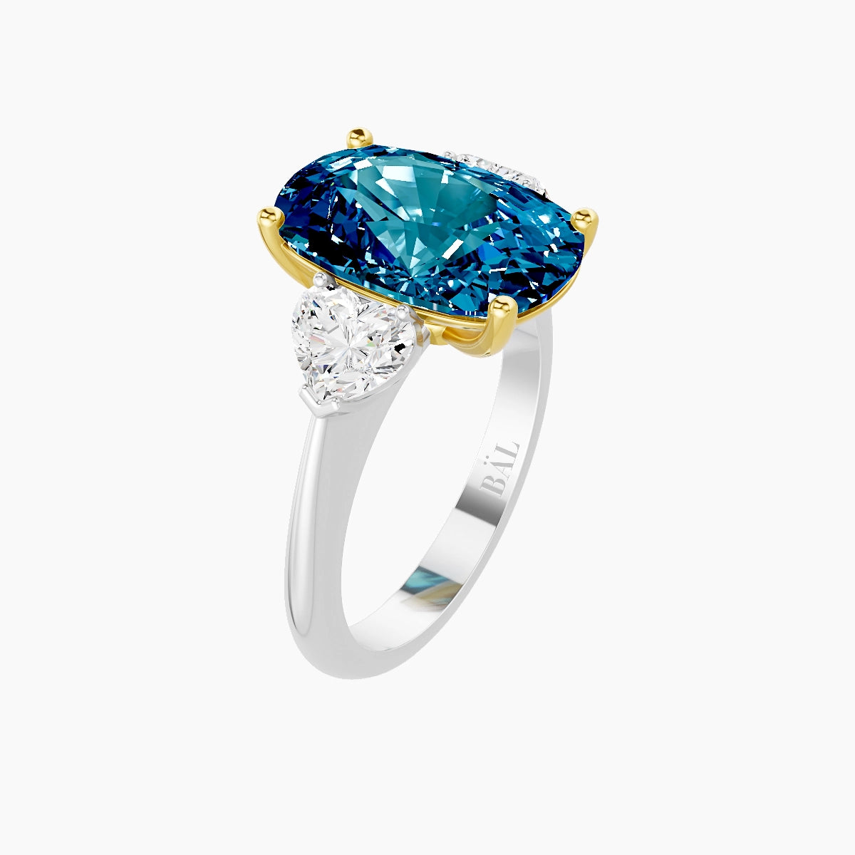 Classic Heart Trilogy | 18k White & Yellow Gold 5 ct Cushion Blue Lab Diamond Ring