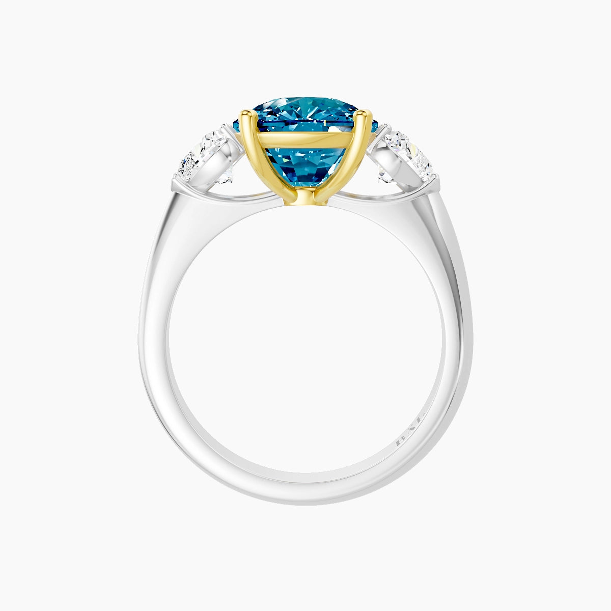 Classic Heart Trilogy | 18k White & Yellow Gold 5 ct Cushion Blue Lab Diamond Ring