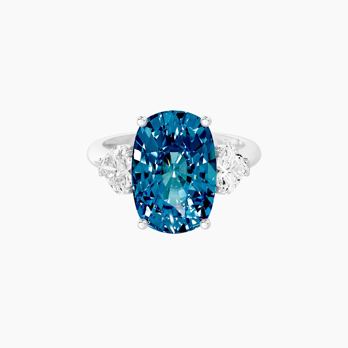 Classic Heart Trilogy | 18k White Gold 5 ct Cushion Blue Lab Diamond Ring