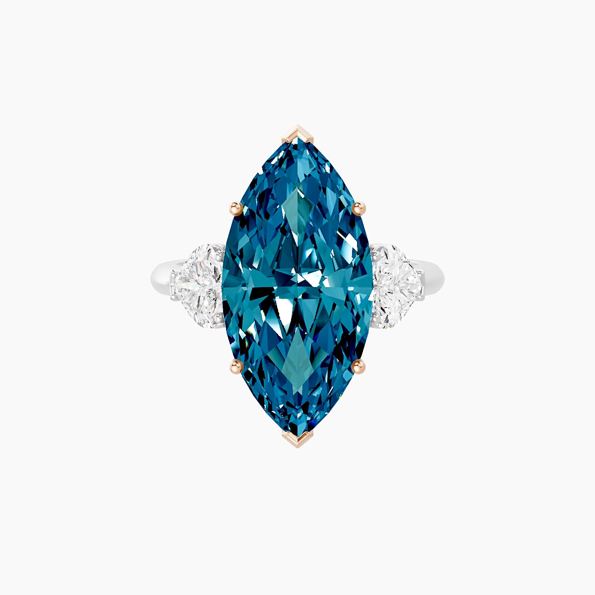 Classic Heart Trilogy | 18k White & Rose Gold 5 ct Marquise Blue Lab Diamond Ring