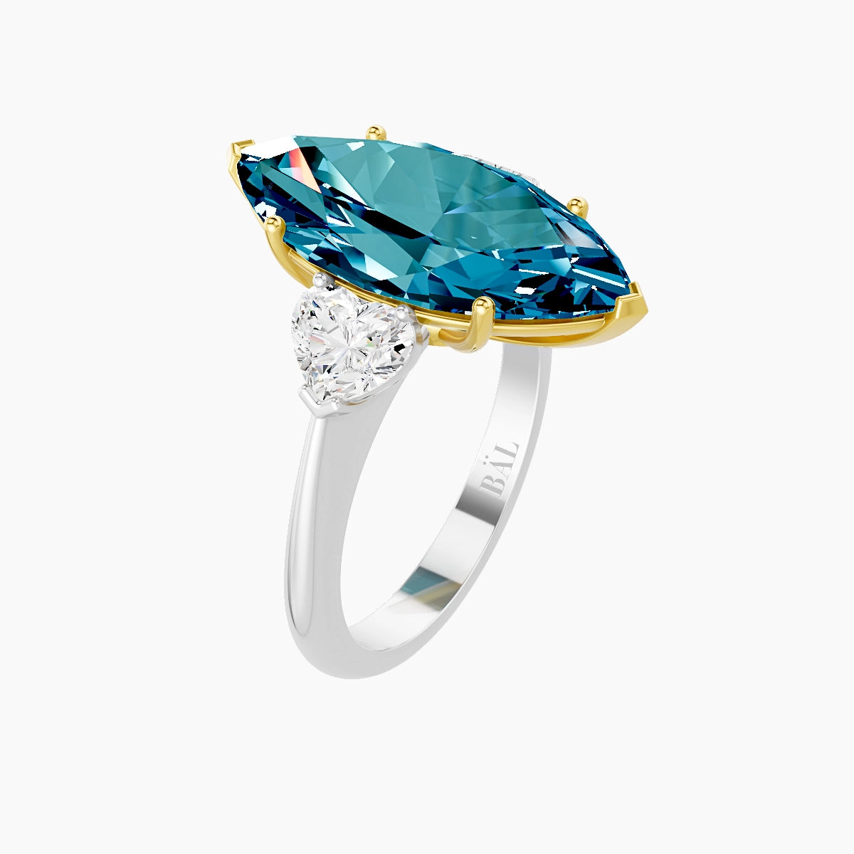 Classic Heart Trilogy | 18k White & Yellow Gold 5 ct Marquise Blue Lab Diamond Ring