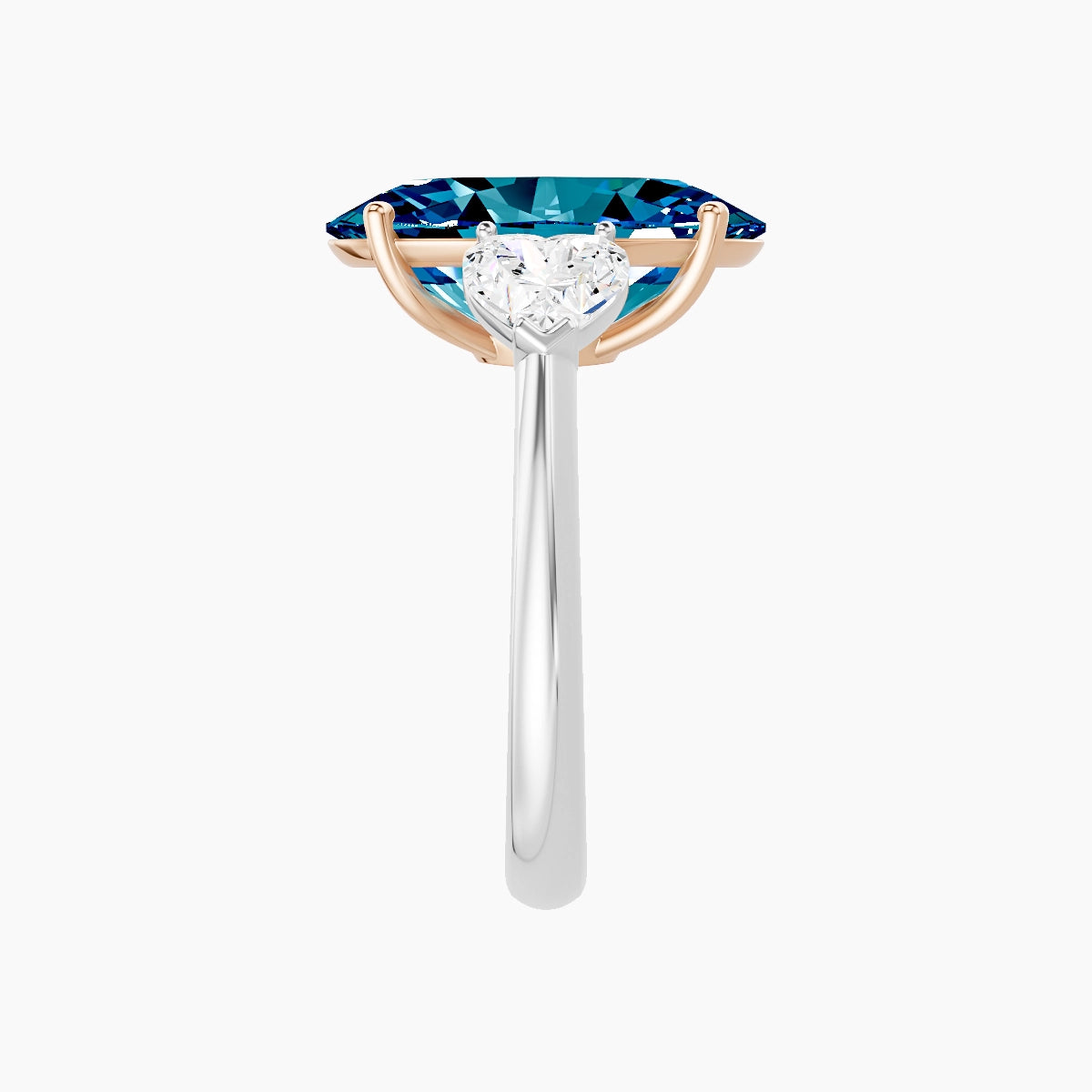 Classic Heart Trilogy | 18k White & Rose Gold 5 ct Oval Blue Lab Diamond Ring