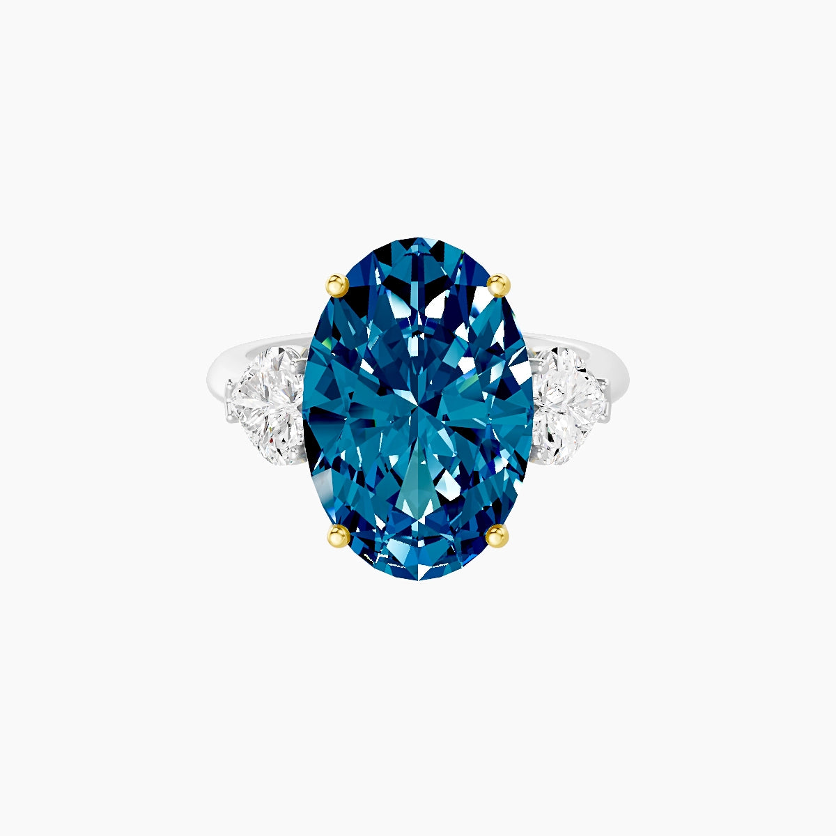 Classic Heart Trilogy | 18k White & Yellow Gold 5 ct Oval Blue Lab Diamond Ring