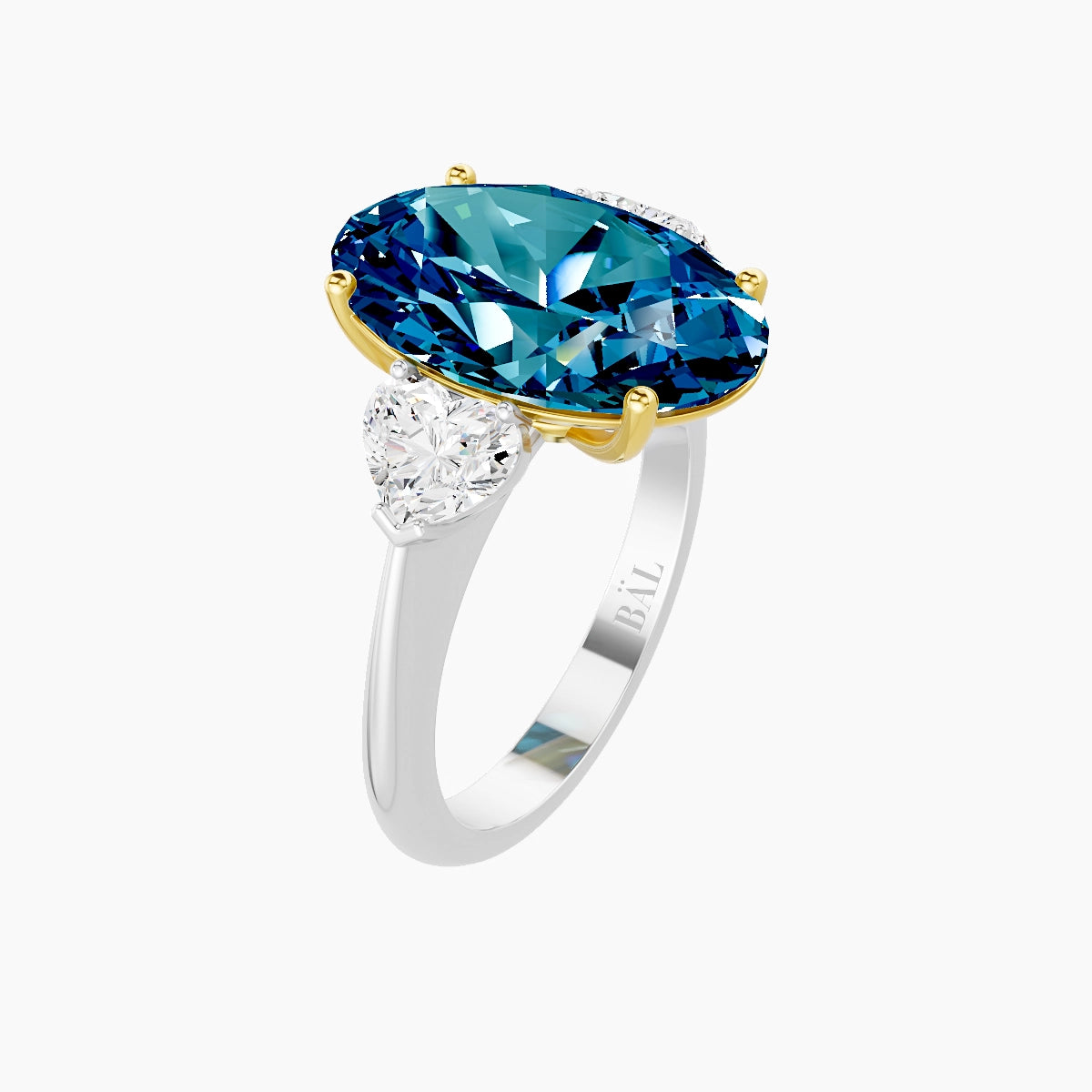 Classic Heart Trilogy | 18k White & Yellow Gold 5 ct Oval Blue Lab Diamond Ring