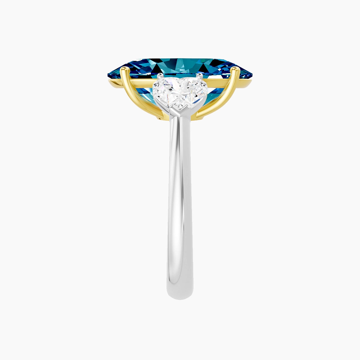 Classic Heart Trilogy | 18k White & Yellow Gold 5 ct Oval Blue Lab Diamond Ring