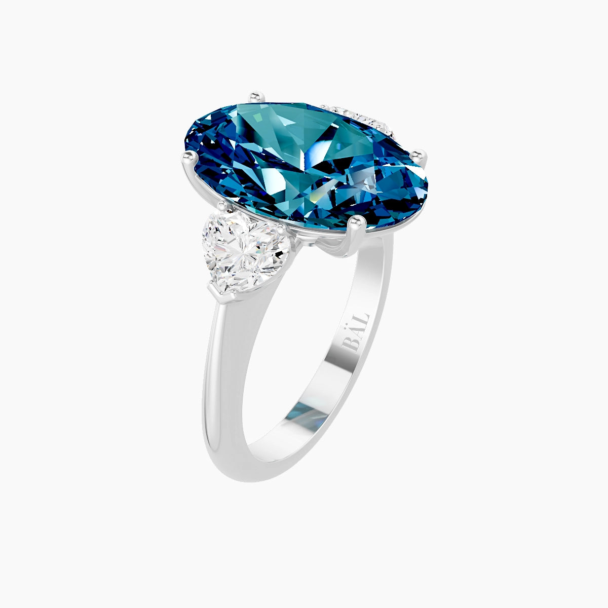 Classic Heart Trilogy | 18k White Gold 5 ct Oval Blue Lab Diamond Ring