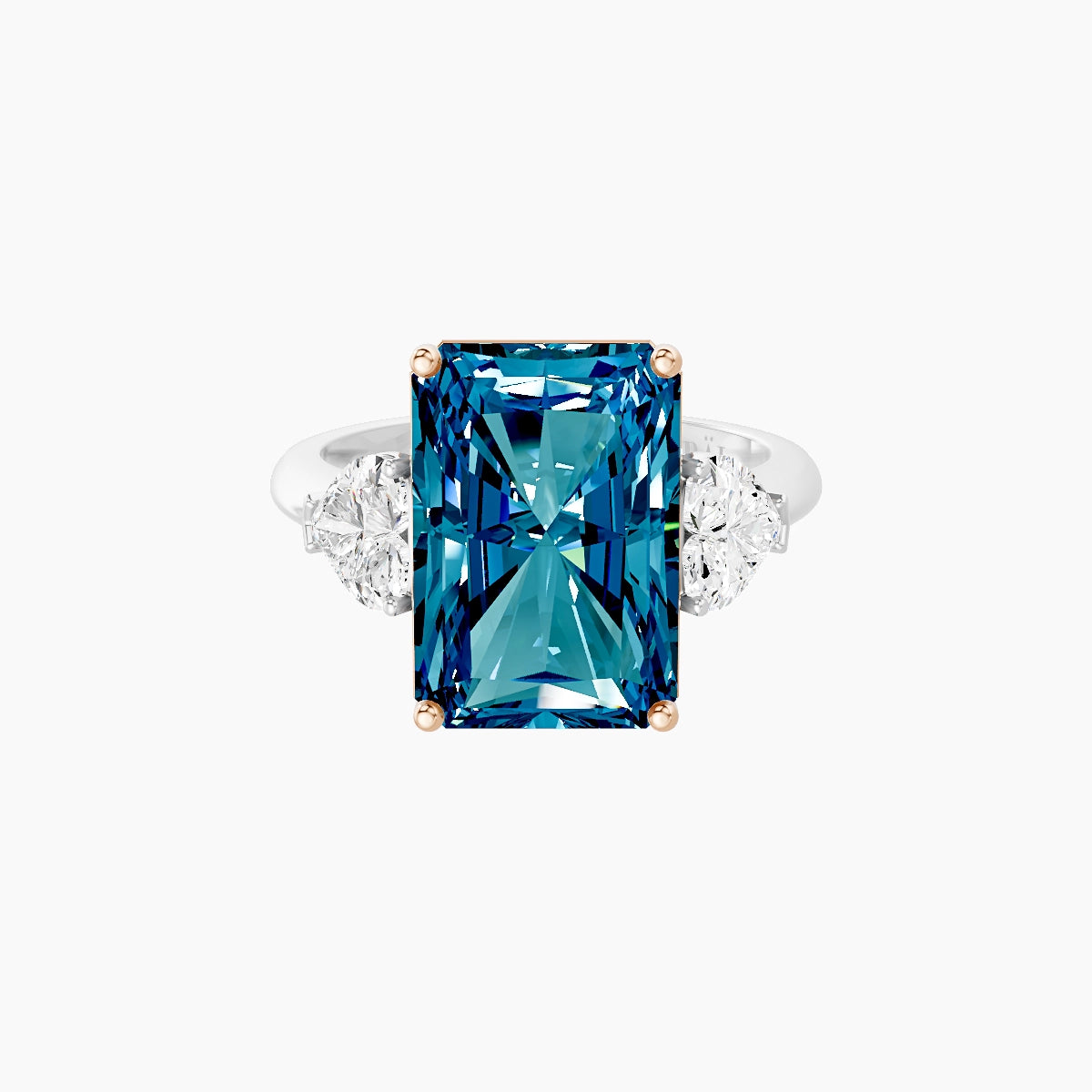 Classic Heart Trilogy | 18k White & Rose Gold 5 ct Radiant Blue Lab Diamond Ring