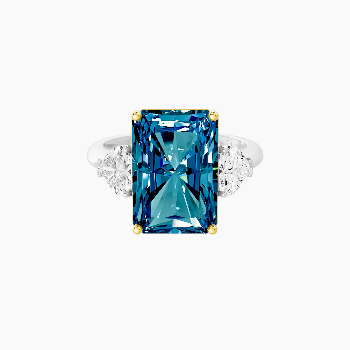 Classic Heart Trilogy | 18k White & Yellow Gold 5 ct Radiant Blue Lab Diamond Ring