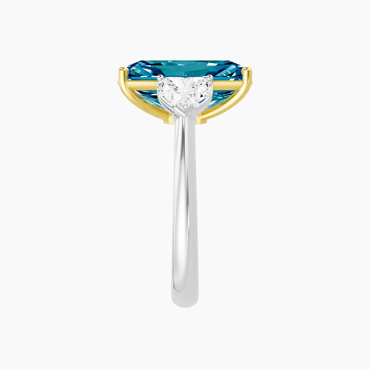 Classic Heart Trilogy | 18k White & Yellow Gold 5 ct Radiant Blue Lab Diamond Ring