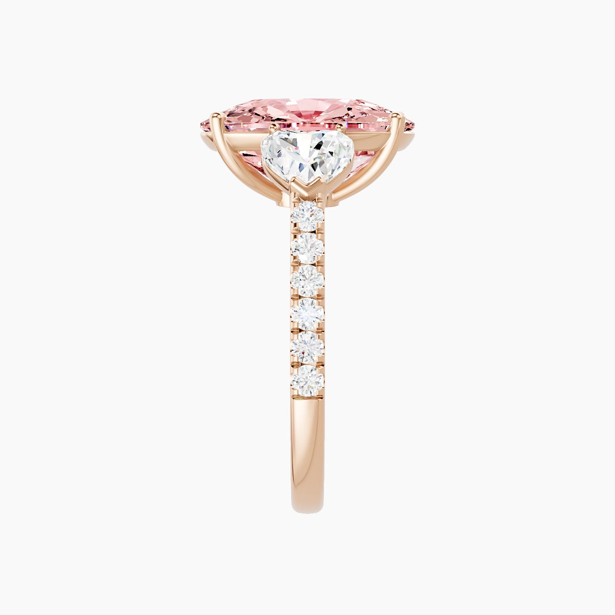 Classic Heart Trilogy with Straight Shank | 18k Rose Gold 5 ct Cushion Pink Lab Diamond Ring