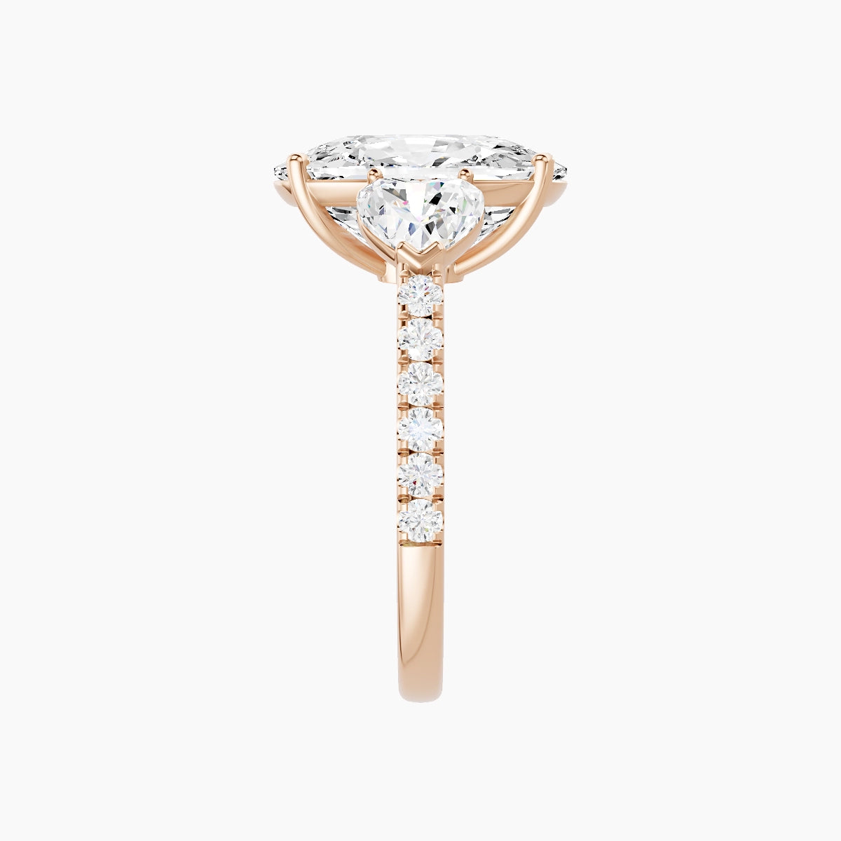 Classic Heart Trilogy with Straight Shank | 18k Rose Gold 5 ct Cushion White Lab Diamond Ring
