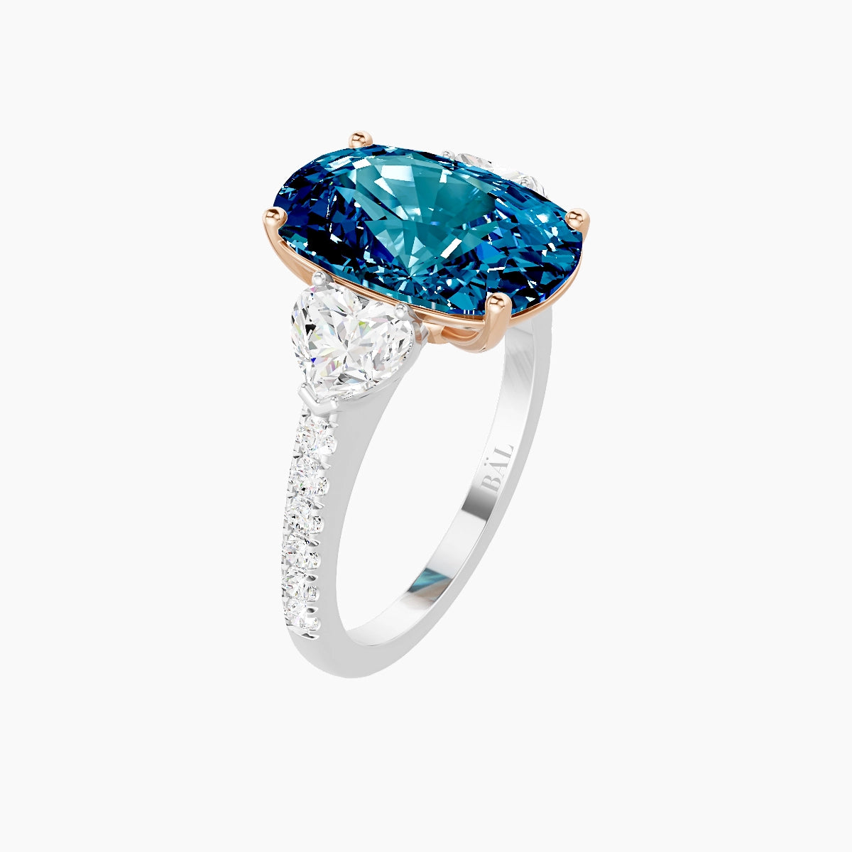 Classic Heart Trilogy with Straight Shank | 18k White & Rose Gold 5 ct Cushion Blue Lab Diamond Ring