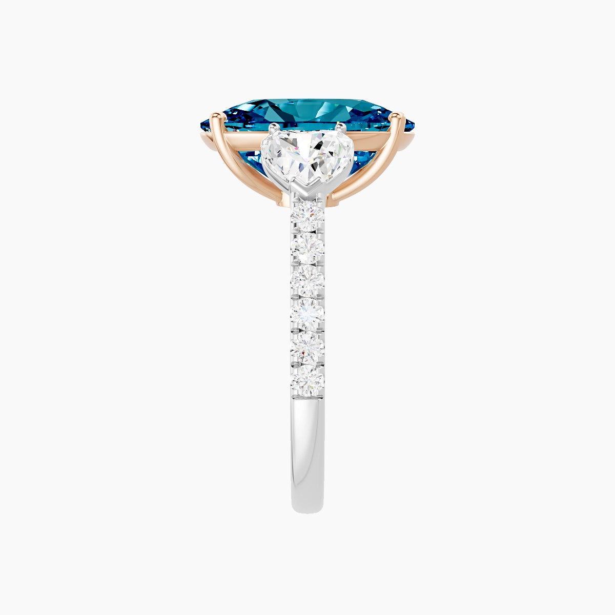 Classic Heart Trilogy with Straight Shank | 18k White & Rose Gold 5 ct Cushion Blue Lab Diamond Ring