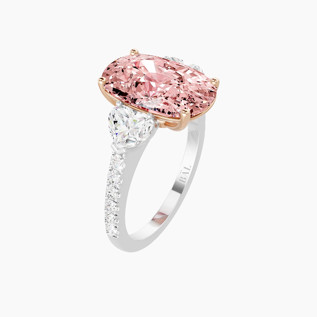 Classic Heart Trilogy with Straight Shank | 18k White & Rose Gold 5 ct Cushion Pink Lab Diamond Ring
