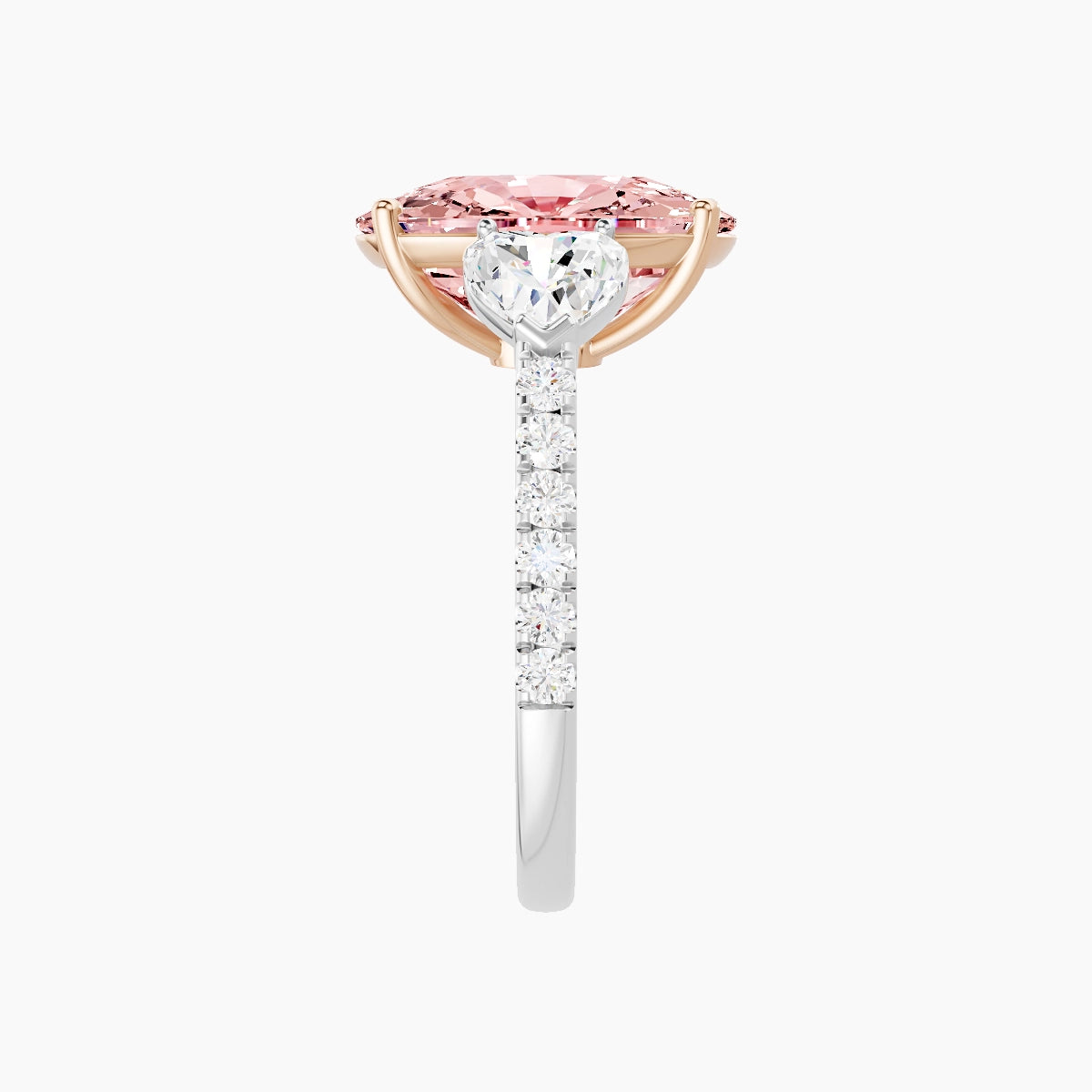 Classic Heart Trilogy with Straight Shank | 18k White & Rose Gold 5 ct Cushion Pink Lab Diamond Ring