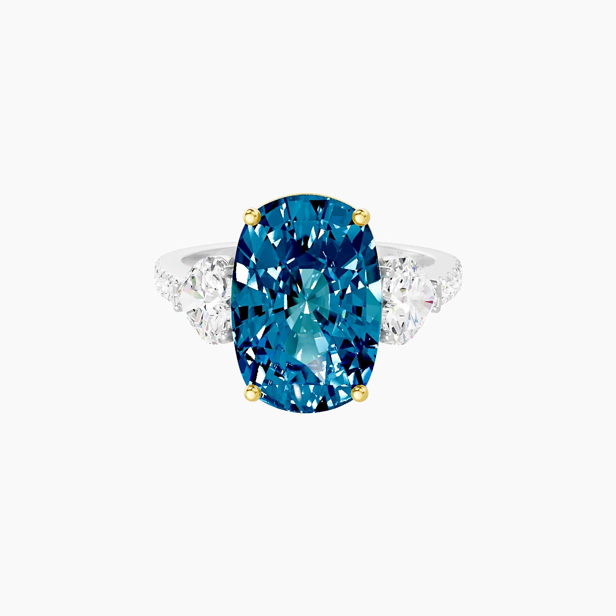 Classic Heart Trilogy with Straight Shank | 18k White & Yellow Gold 5 ct Cushion Blue Lab Diamond Ring