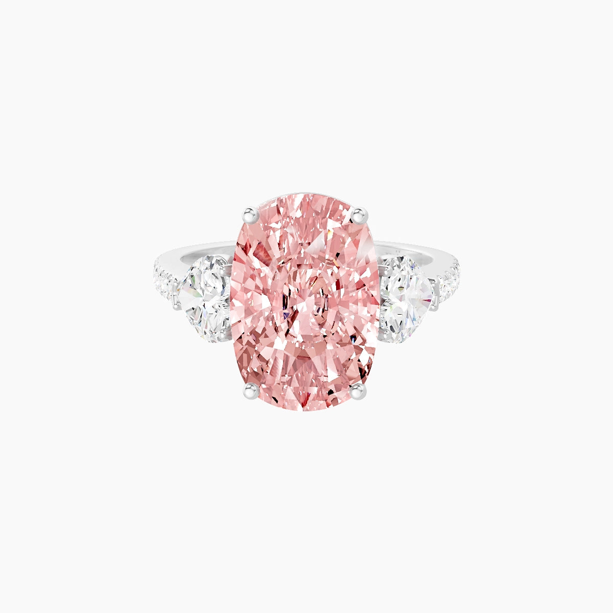 Classic Heart Trilogy with Straight Shank | 18k White Gold 5 ct Cushion Pink Lab Diamond Ring