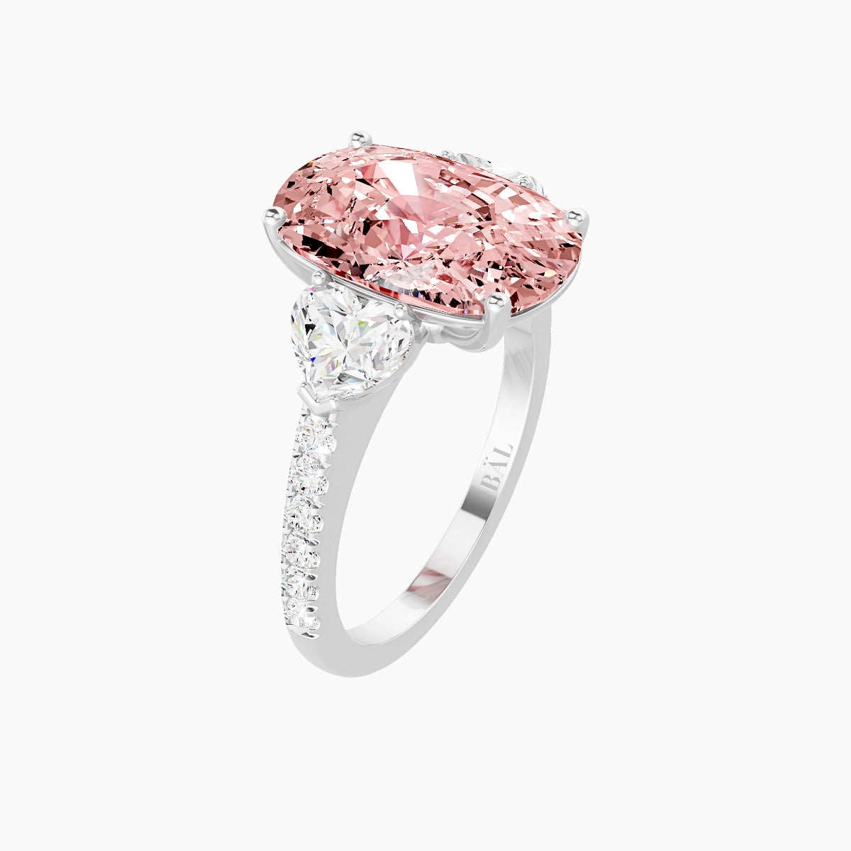 Classic Heart Trilogy with Straight Shank | 18k White Gold 5 ct Cushion Pink Lab Diamond Ring