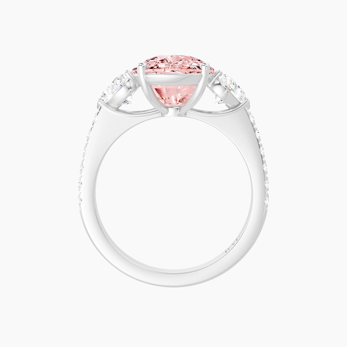Classic Heart Trilogy with Straight Shank | 18k White Gold 5 ct Cushion Pink Lab Diamond Ring