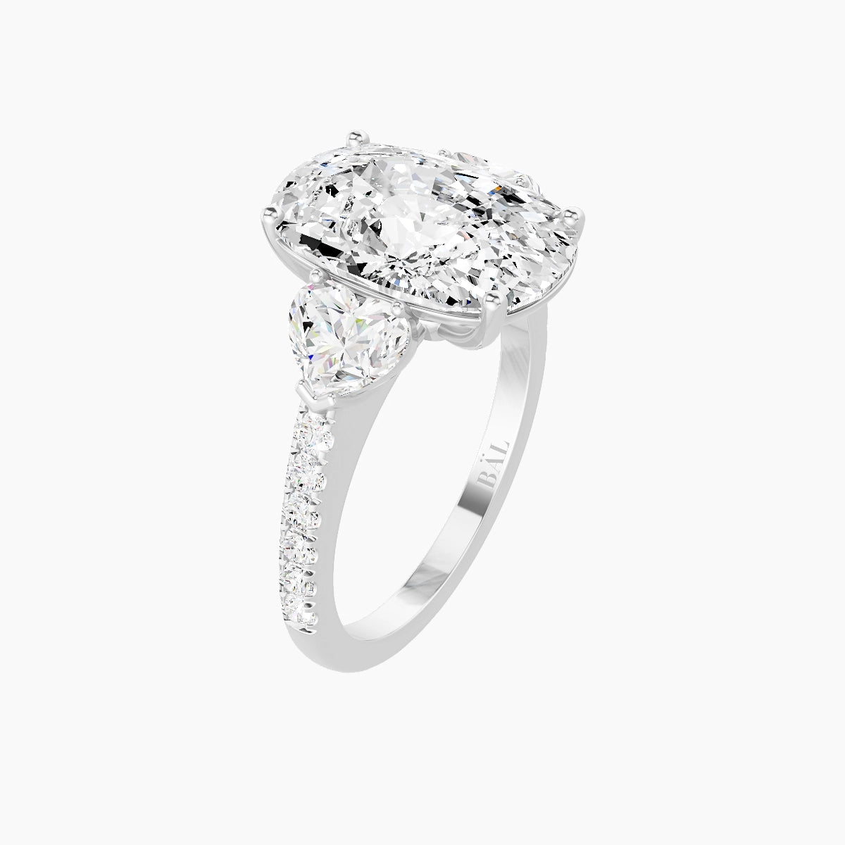 Classic Heart Trilogy with Straight Shank | 18k White Gold 5 ct Cushion White Lab Diamond Ring