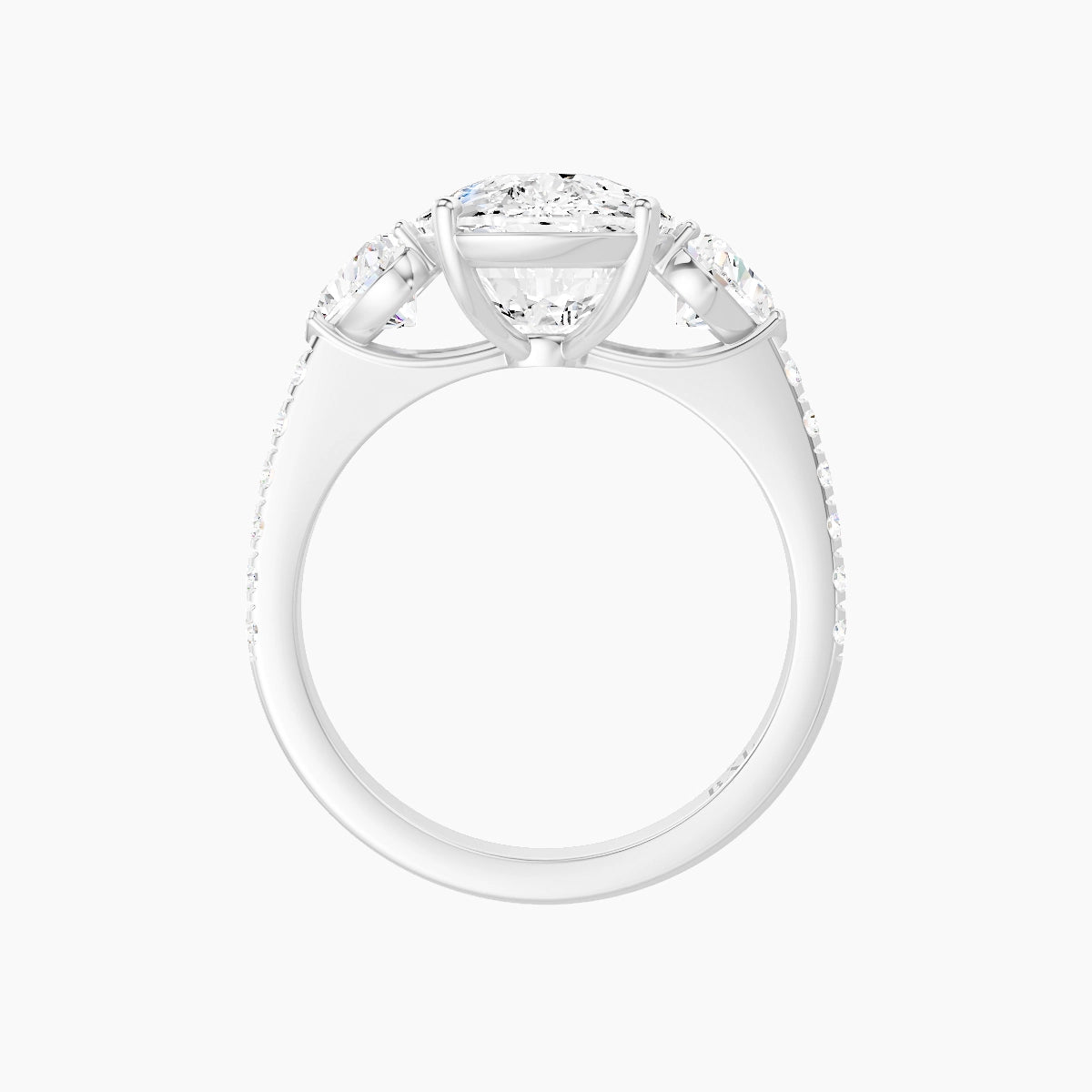 Classic Heart Trilogy with Straight Shank | 18k White Gold 5 ct Cushion White Lab Diamond Ring