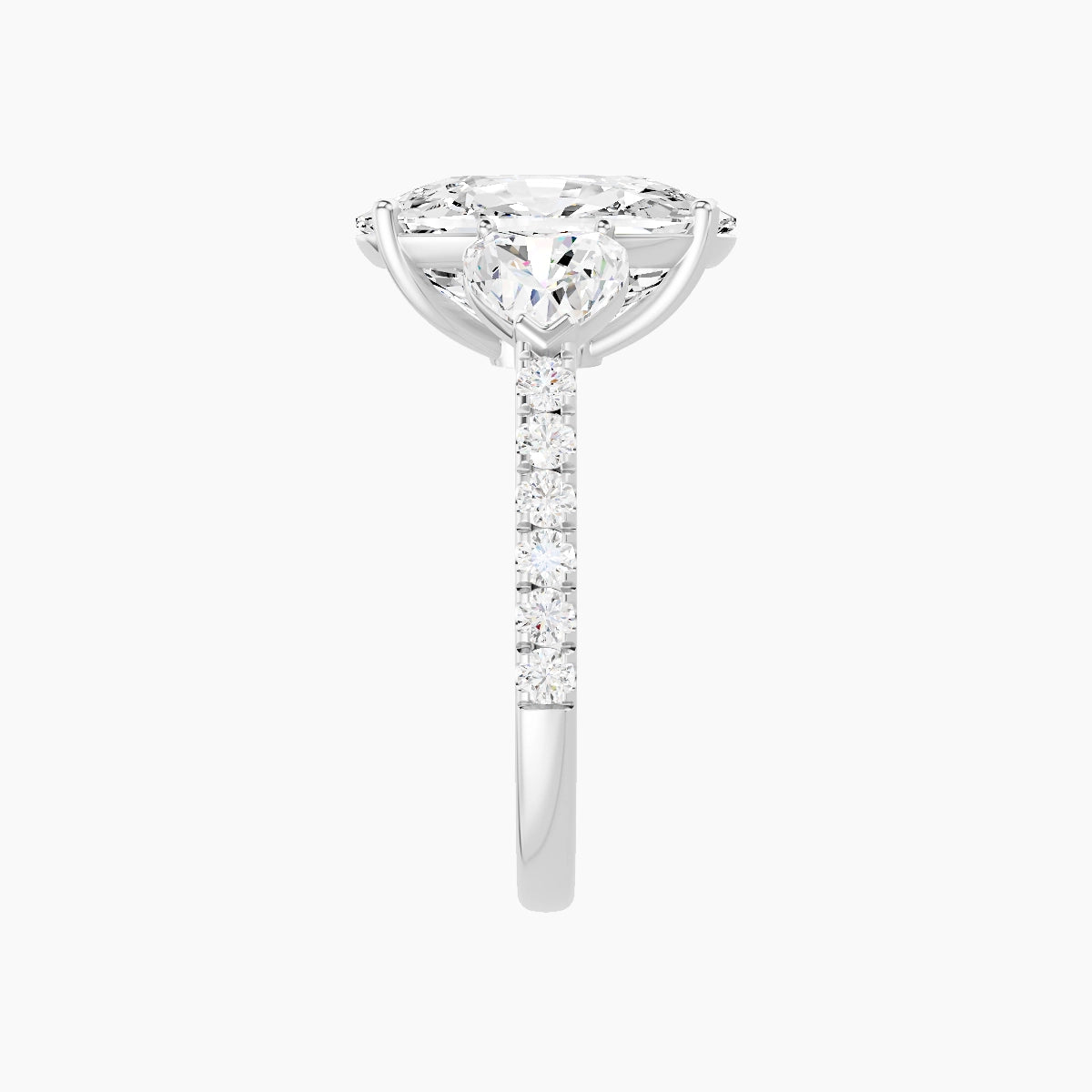 Classic Heart Trilogy with Straight Shank | 18k White Gold 5 ct Cushion White Lab Diamond Ring