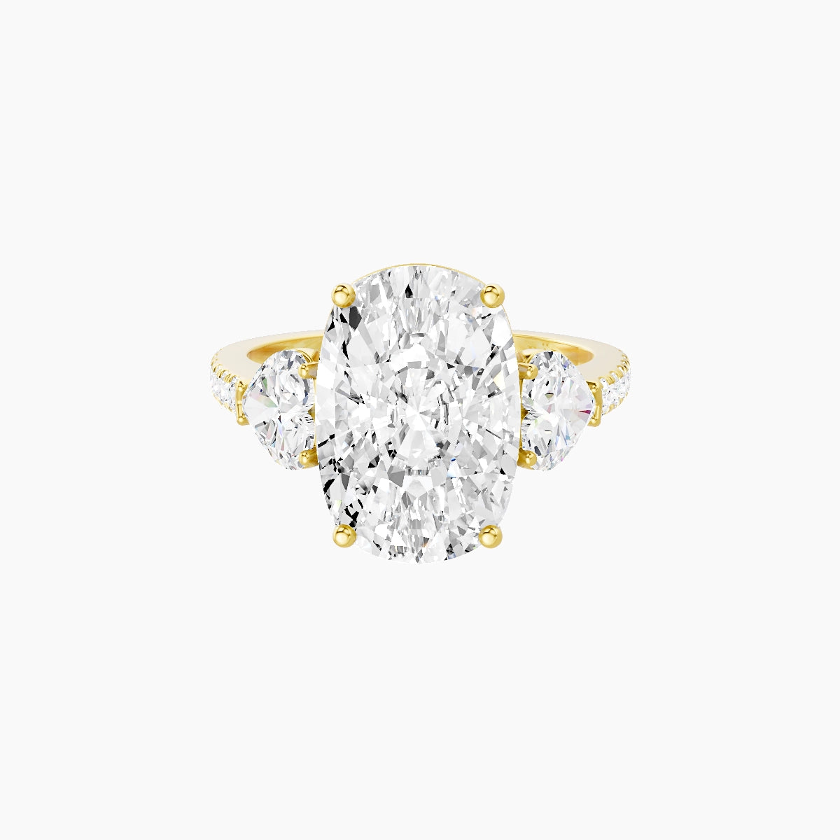 Classic Heart Trilogy with Straight Shank | 18k Yellow Gold 5 ct Cushion White Lab Diamond Ring