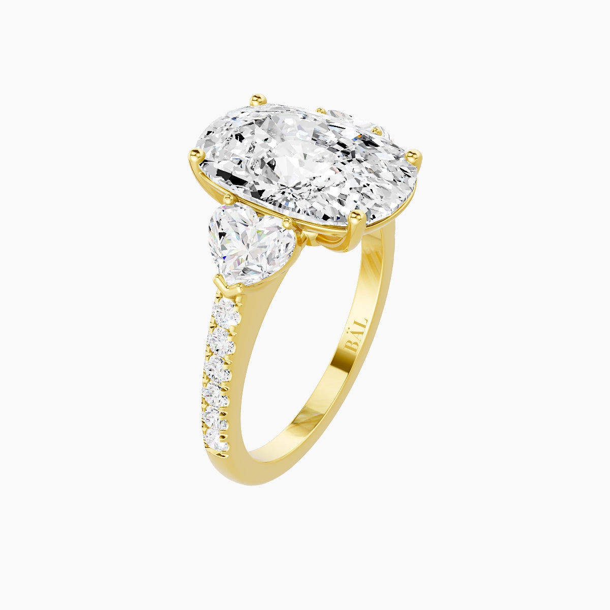 Classic Heart Trilogy with Straight Shank | 18k Yellow Gold 5 ct Cushion White Lab Diamond Ring