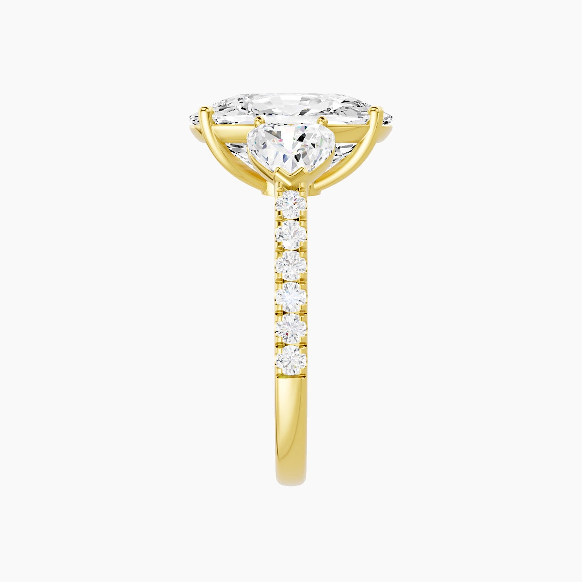 Classic Heart Trilogy with Straight Shank | 18k Yellow Gold 5 ct Cushion White Lab Diamond Ring