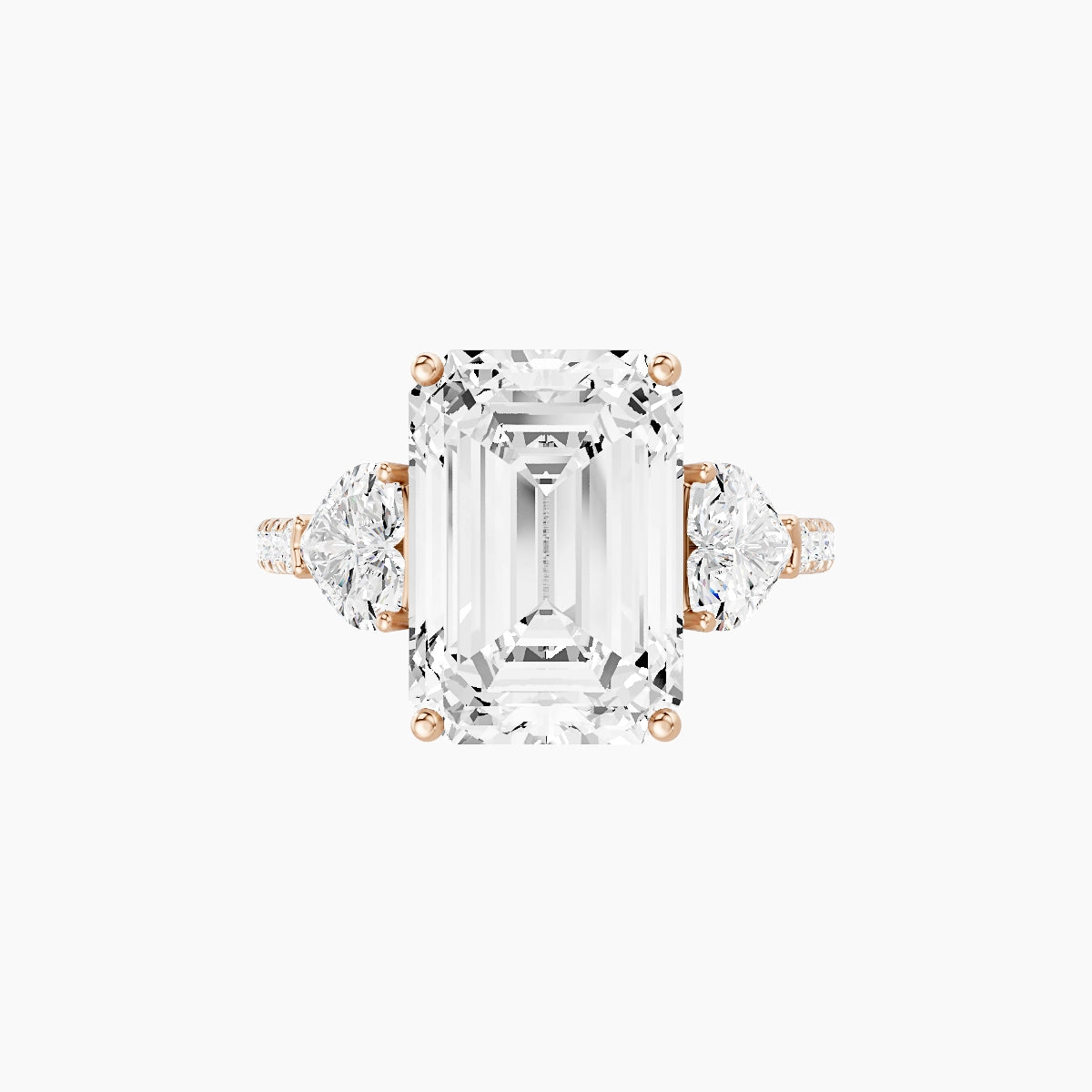 Classic Heart Trilogy with Straight Shank | 18k Rose Gold 5 ct Emerald White Lab Diamond Ring