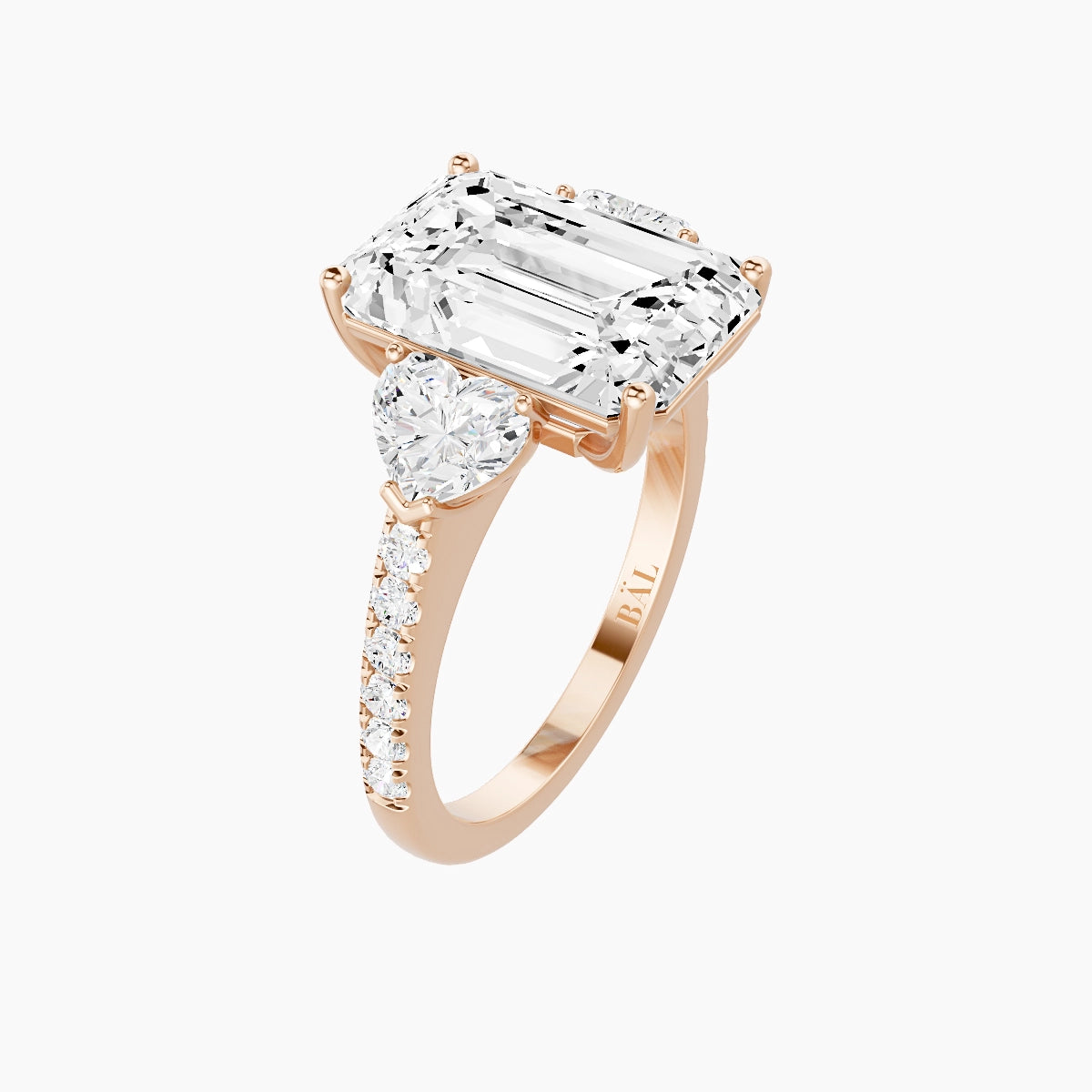Classic Heart Trilogy with Straight Shank | 18k Rose Gold 5 ct Emerald White Lab Diamond Ring