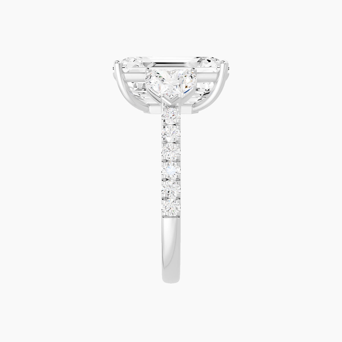 Classic Heart Trilogy with Straight Shank | 18k White Gold 5 ct Emerald White Lab Diamond Ring