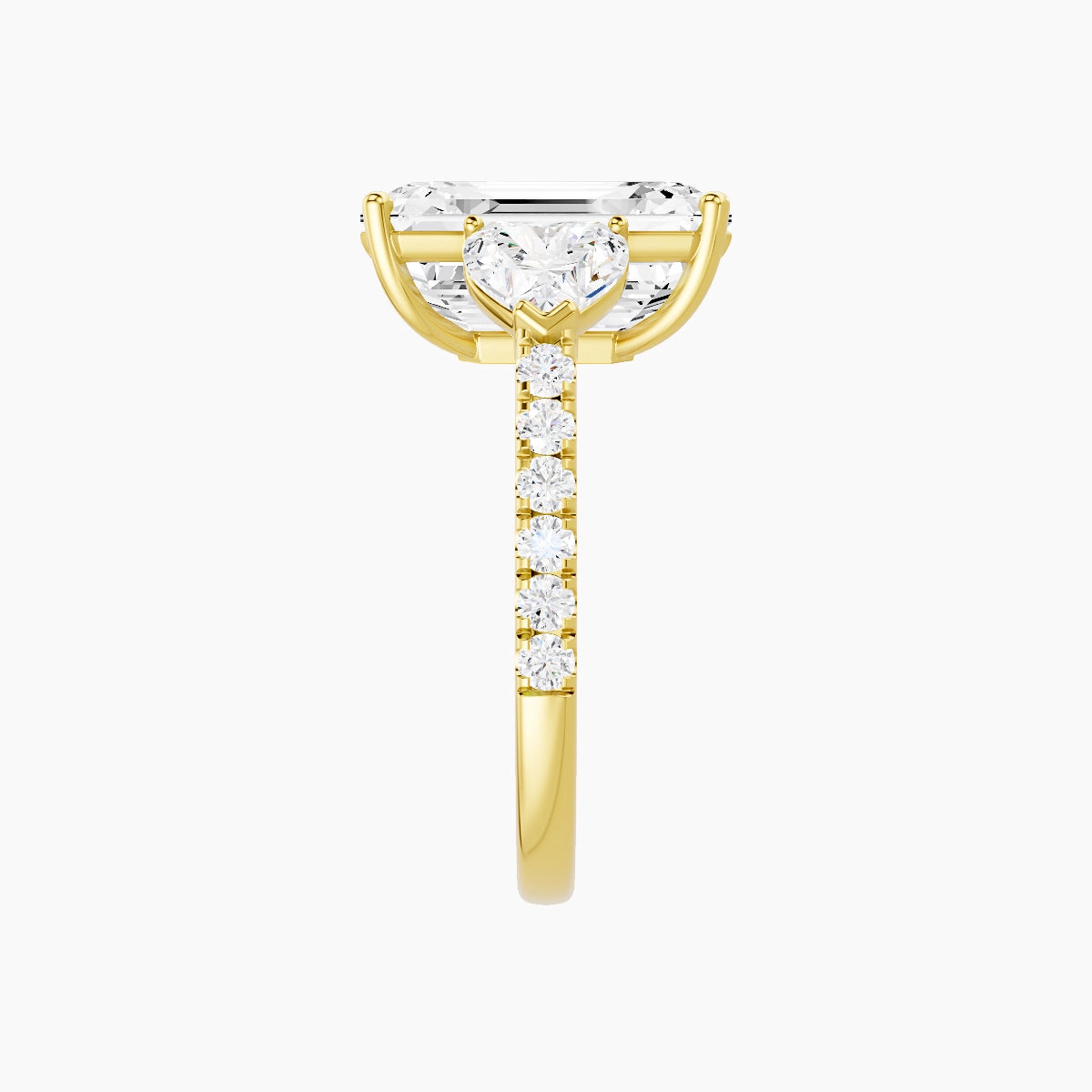 Classic Heart Trilogy with Straight Shank | 18k Yellow Gold 5 ct Emerald White Lab Diamond Ring